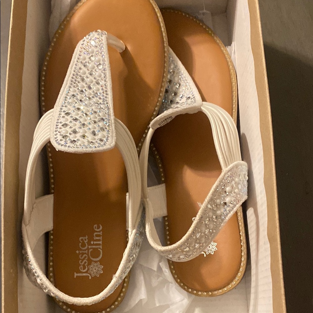 White and Brown Leather Sandals with Ankle Strap